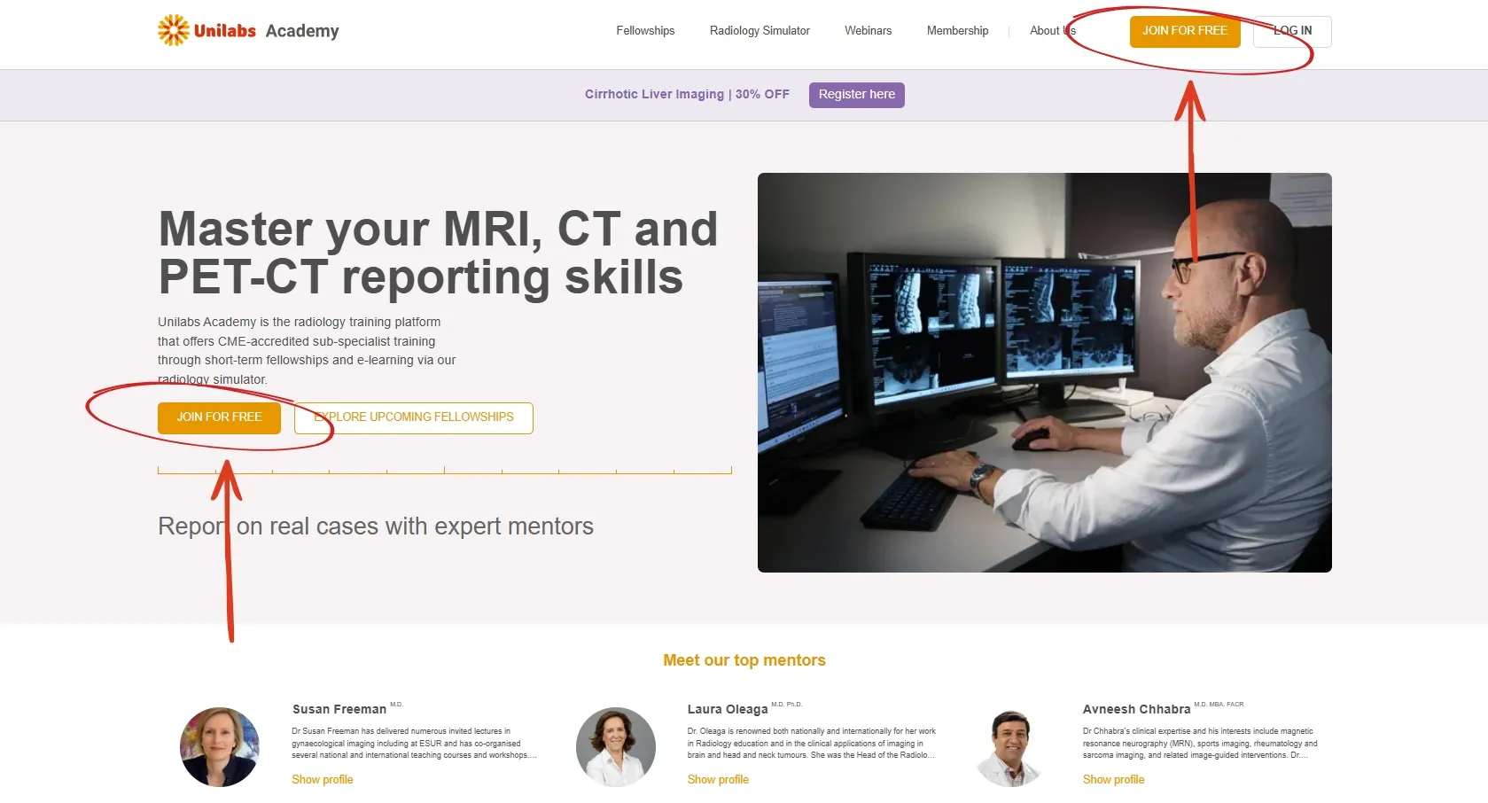Unilabs Academy home page with arrows pointing to the two Join Free buttons