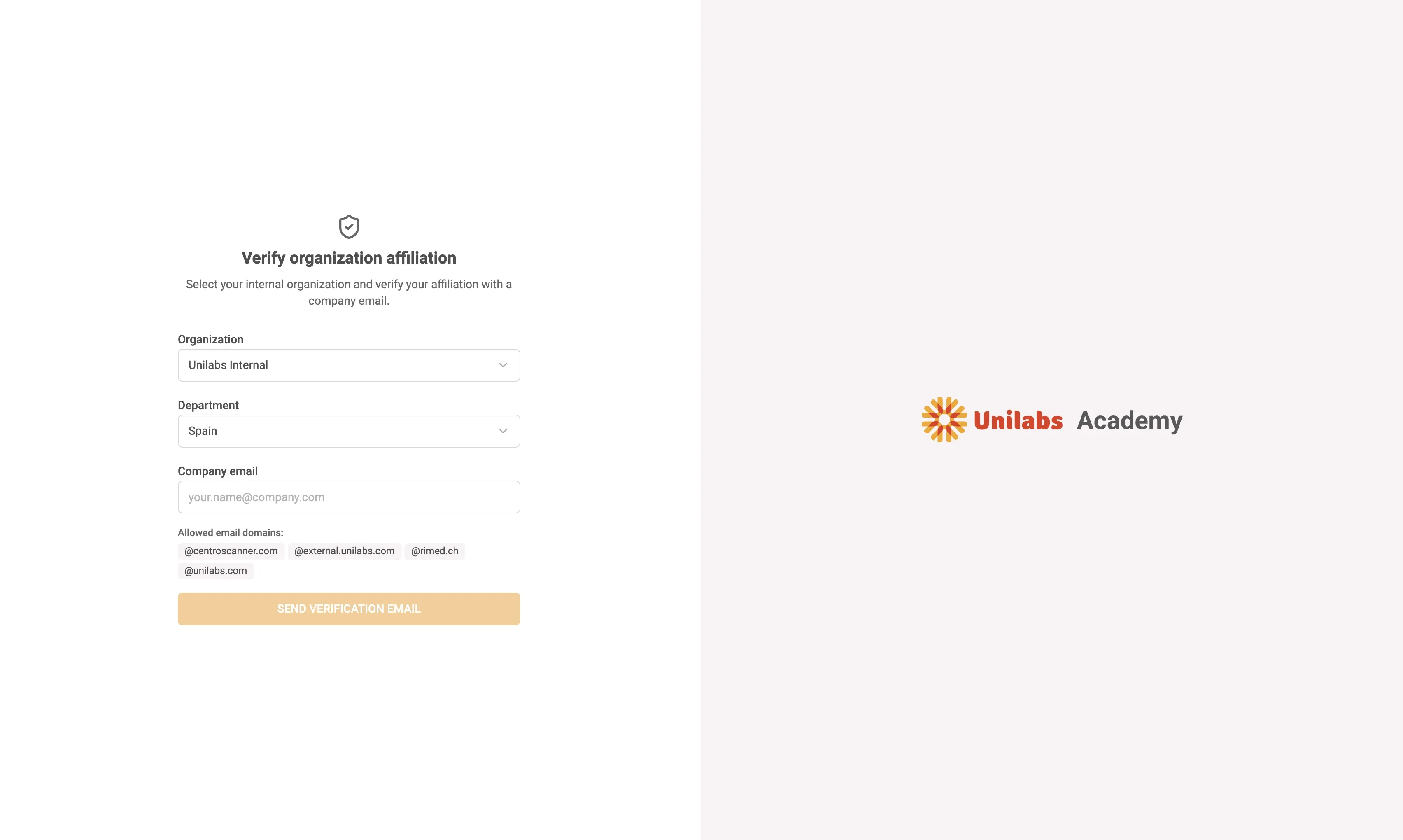 Verification form showing organization, department and company email fields