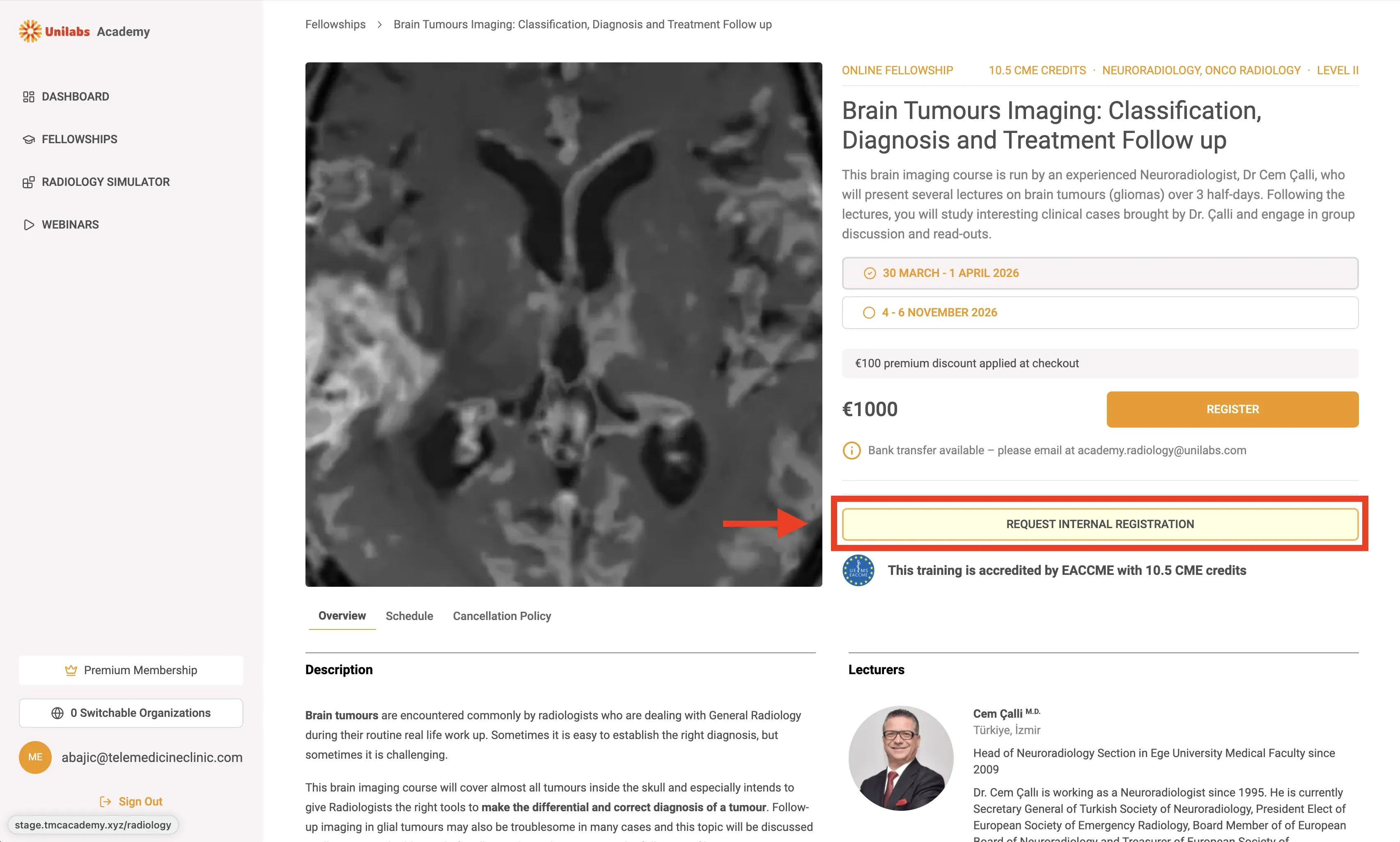 Fellowship page with the Request internal registration button highlighted