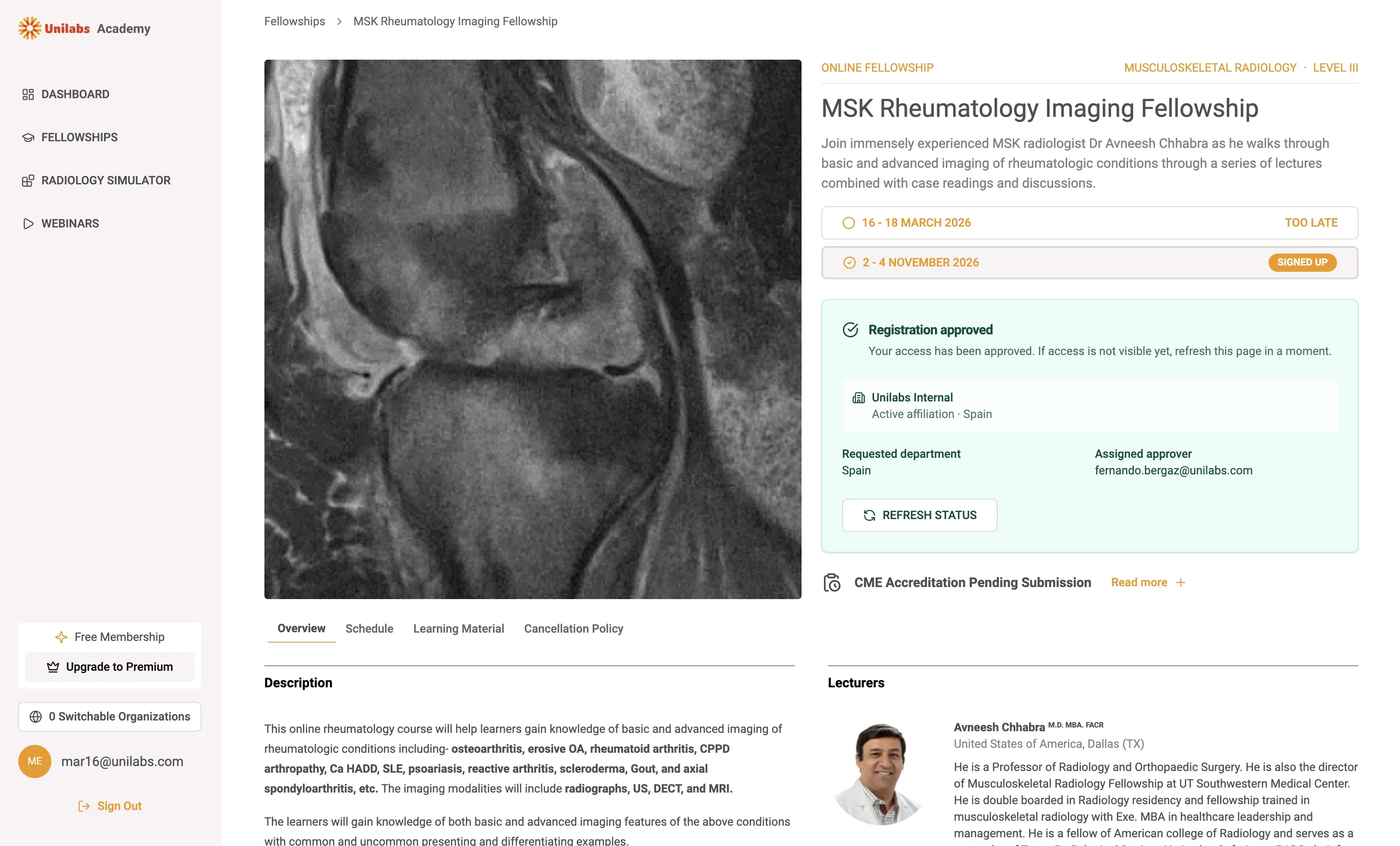 Fellowship page showing the Registration approved status card